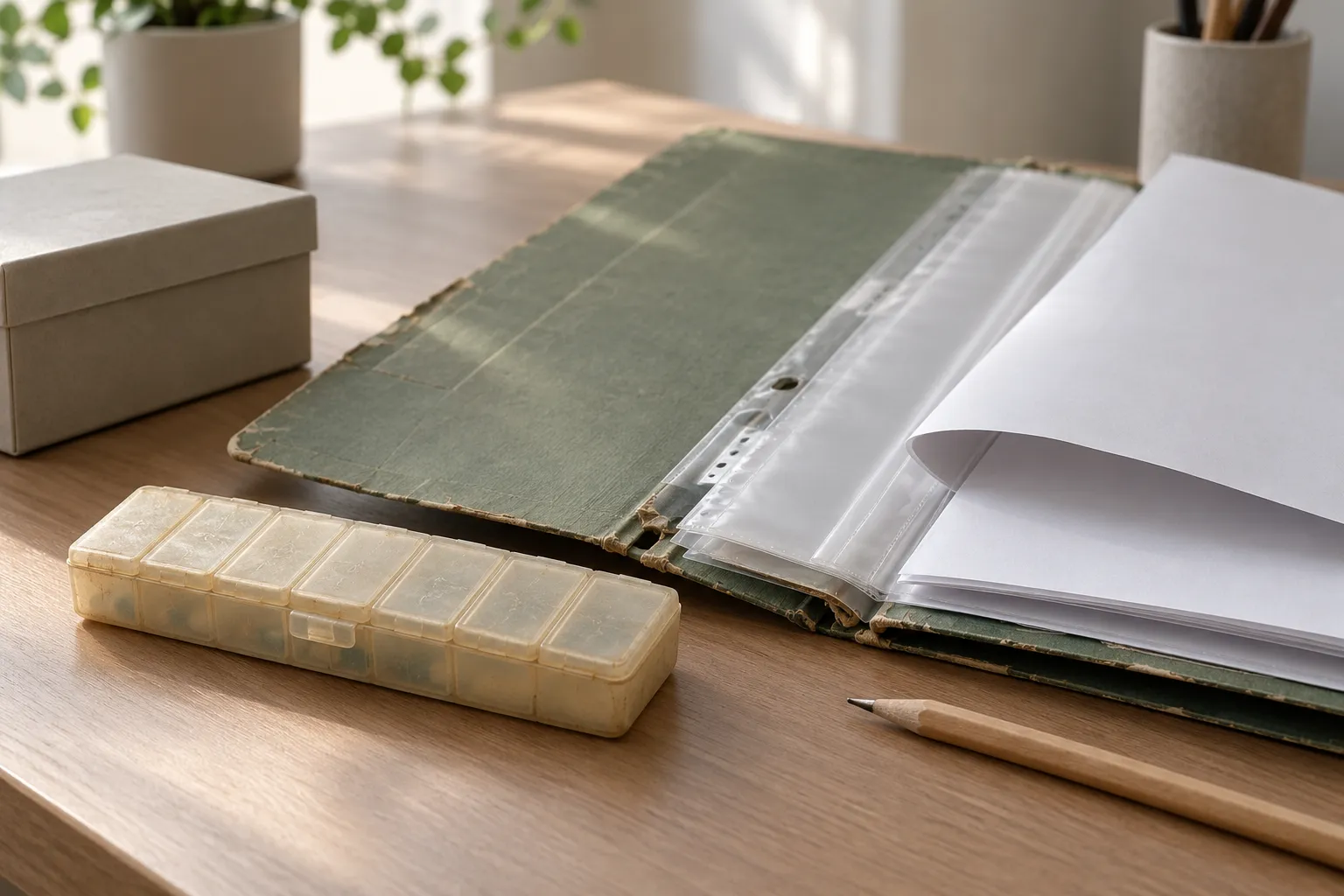 Dossier cartonné, pochettes et pilulier sans inscription sur un bureau, évocation des traitements antérieurs.