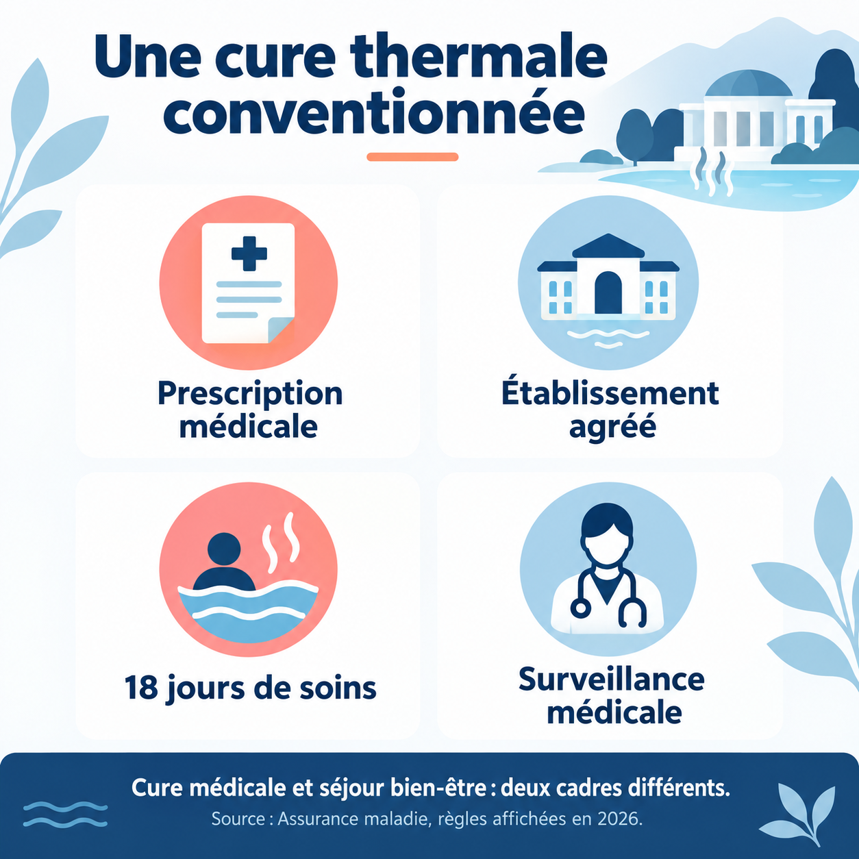 La cure conventionnée associe prescription médicale, établissement agréé, 18 jours de soins et surveillance médicale.