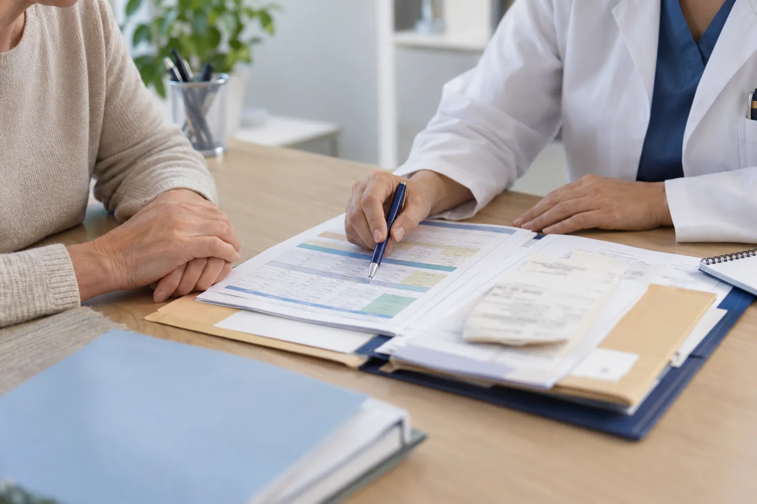 Échange au cabinet autour d’un dossier de traitements et d’ordonnances.
