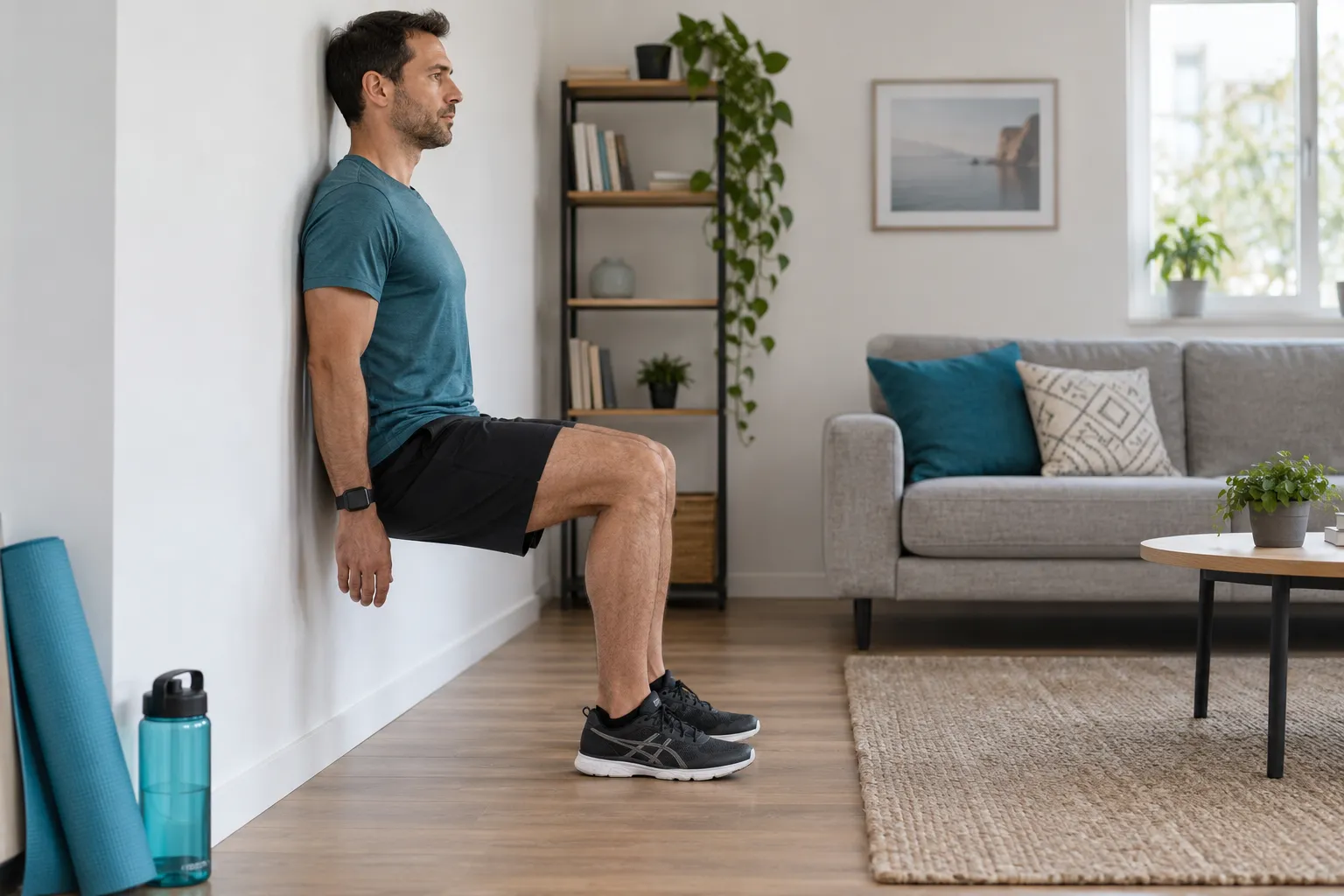 Illustration d’une contraction des jambes maintenue contre un mur, sans consigne de durée ou d’angle.