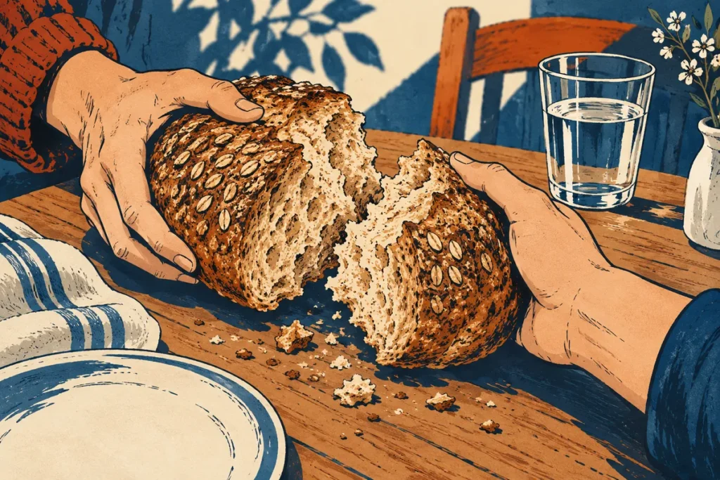 Illustration de mains partageant un pain complet près d’un verre d’eau.