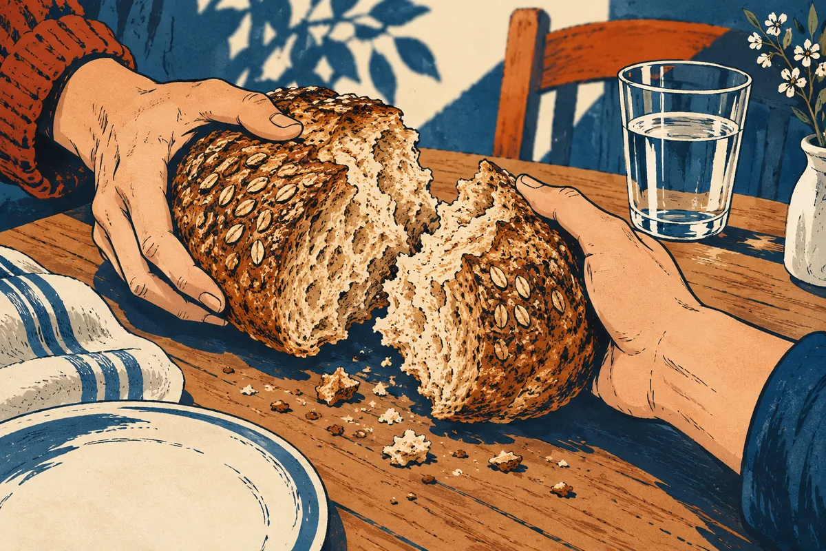 Illustration de mains partageant un pain complet près d’un verre d’eau.