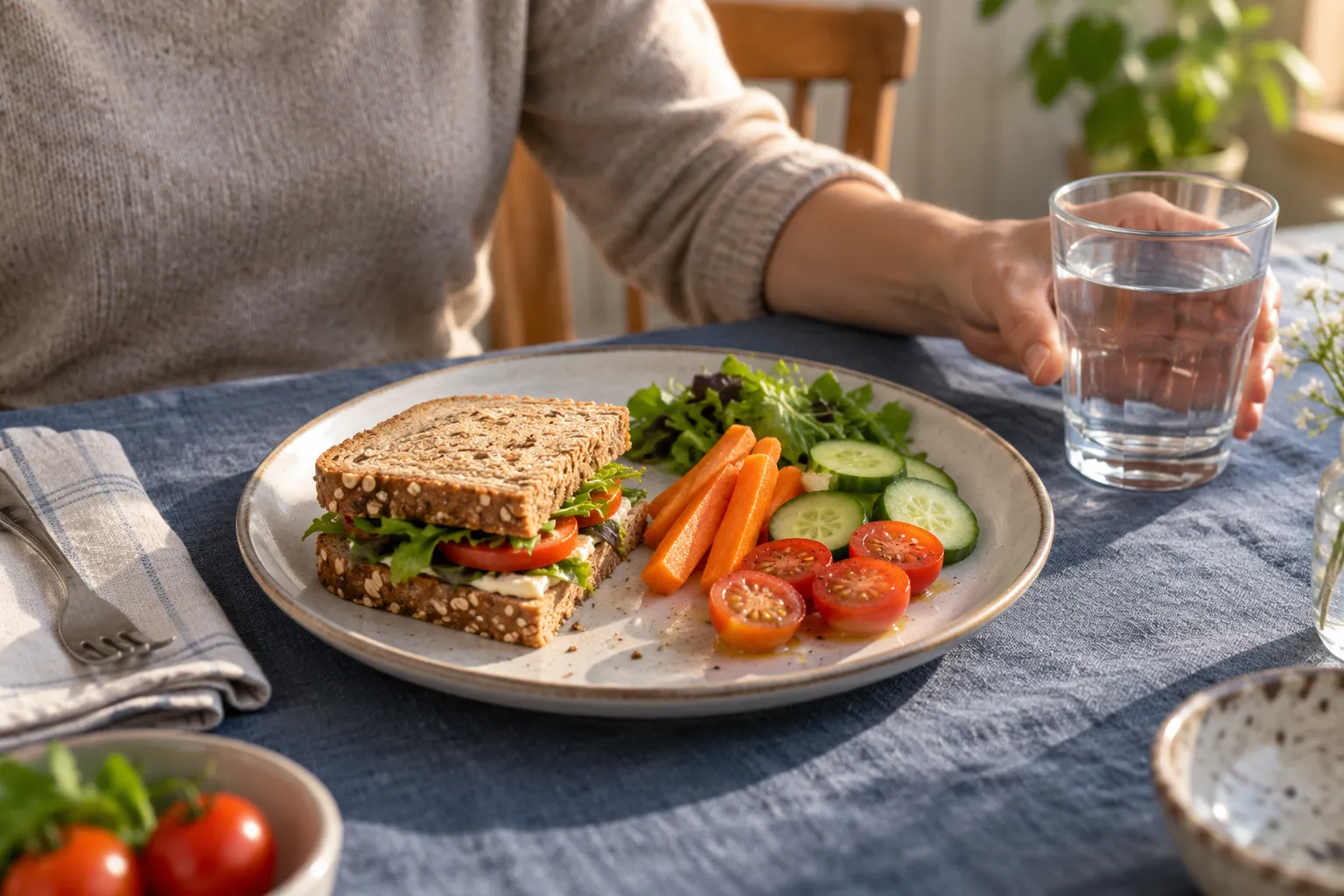 Un repas comprenant un sandwich et un verre d’eau.