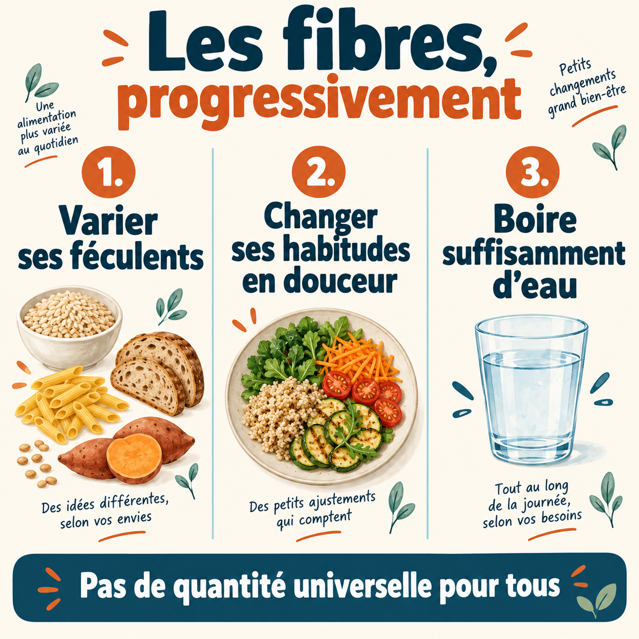 Varier les féculents, changer progressivement ses habitudes et boire suffisamment d’eau.