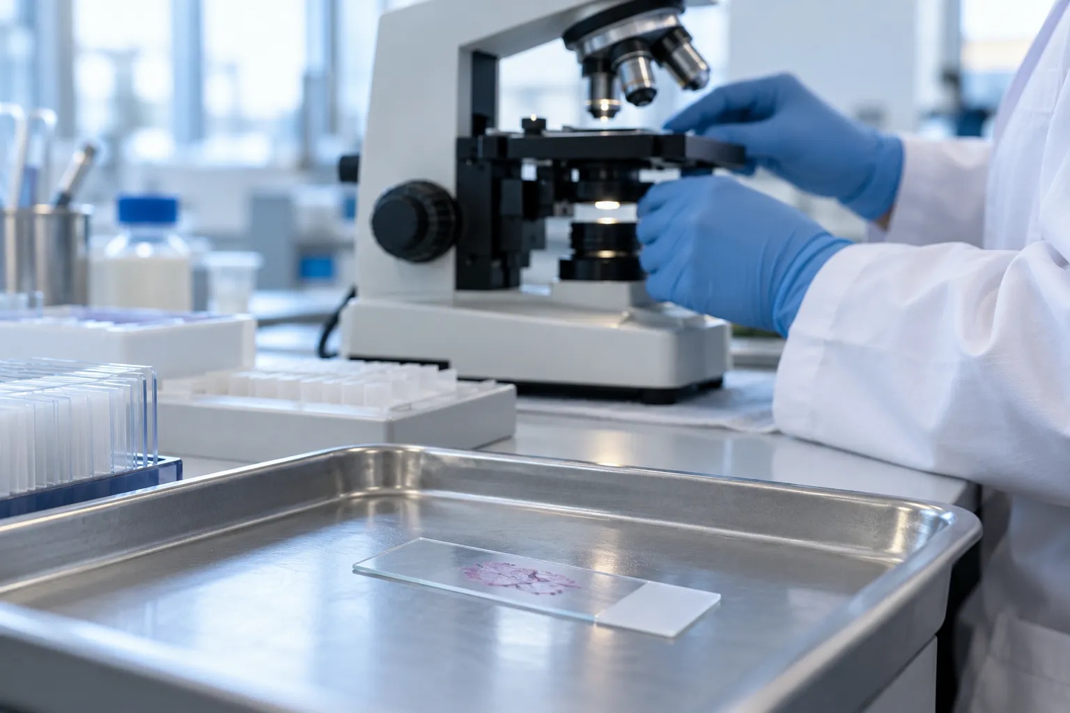 Illustration d’une analyse de tissus au laboratoire.