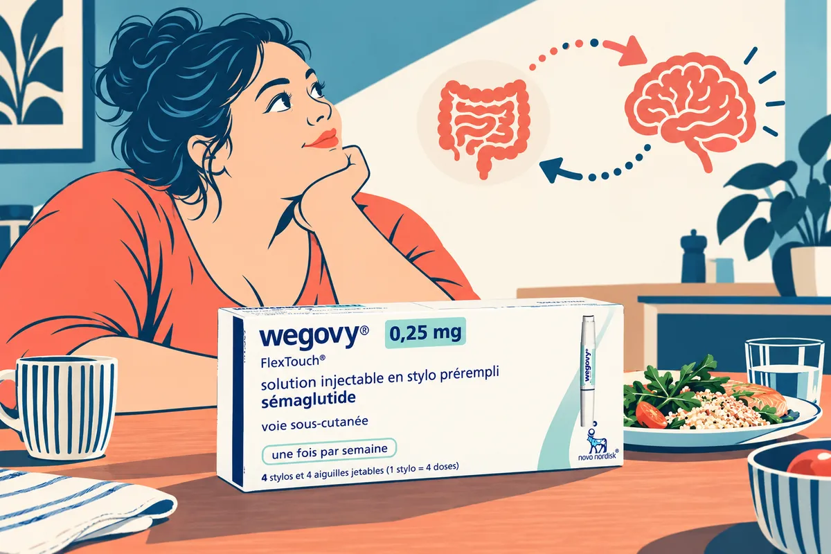 Illustration d’une boîte de médicament sur une table de repas, près d’une femme attentive.