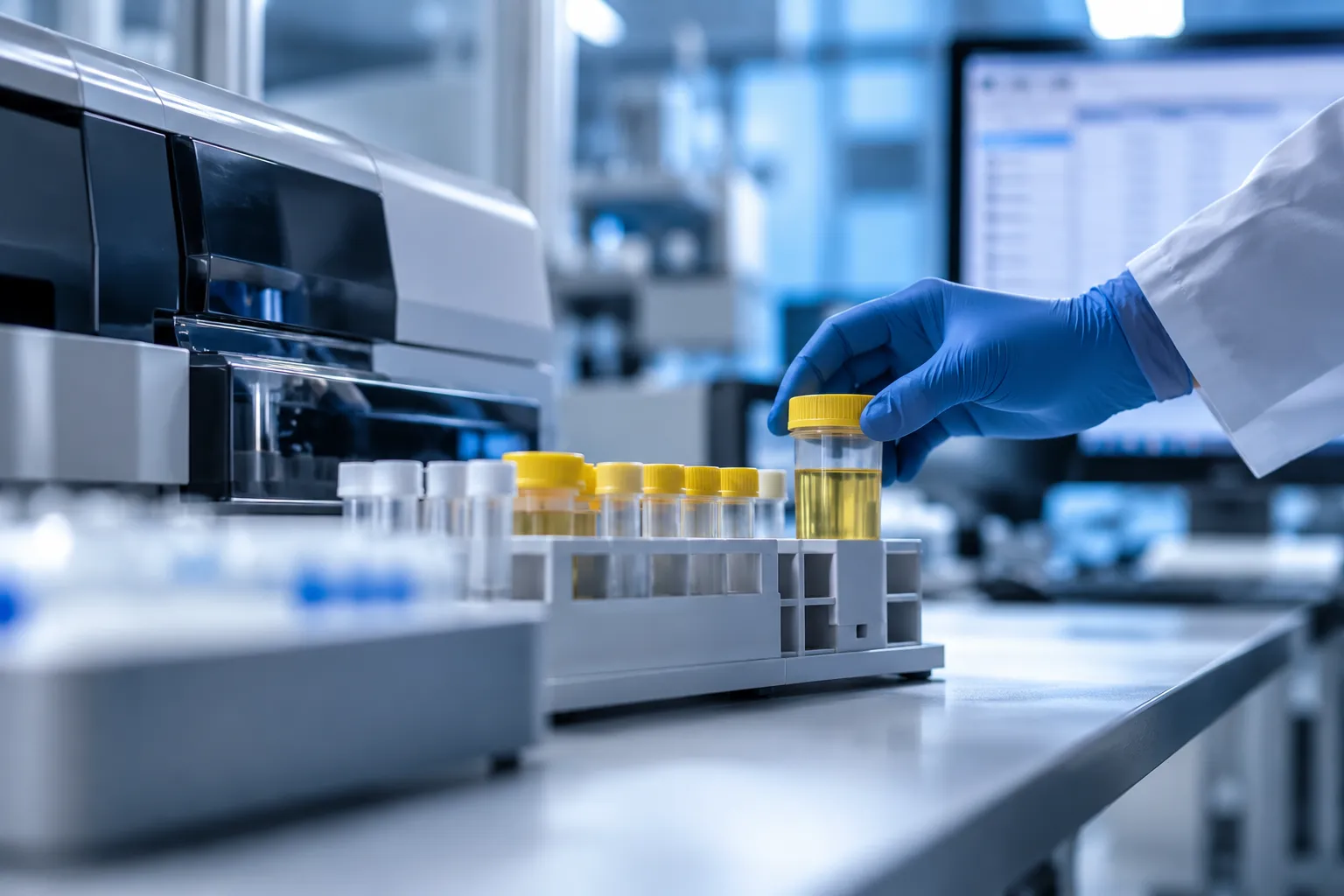 Préparation d’un échantillon urinaire dans un laboratoire d’analyses.