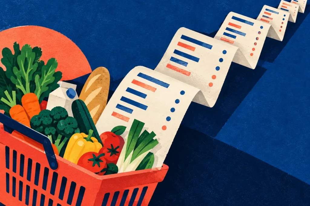Illustration d’un panier de courses et d’un ticket déployé en diagonale, en bleu, corail et crème.
