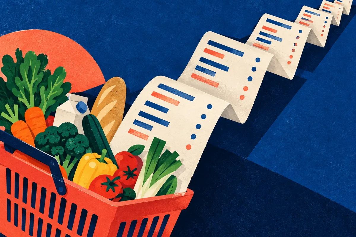 Illustration d’un panier de courses et d’un ticket déployé en diagonale, en bleu, corail et crème.