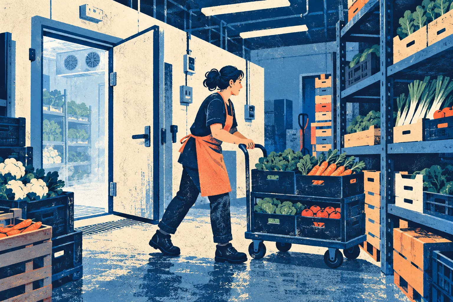 Illustration d’une employée transportant une caisse de légumes dans la réserve d’un magasin.