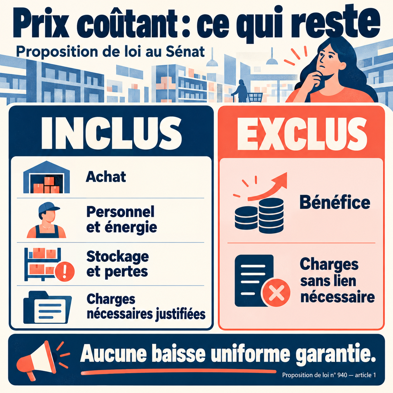 Le projet de prix coûtant conserve achat et frais nécessaires justifiés, mais exclut bénéfice et charges sans lien nécessaire.