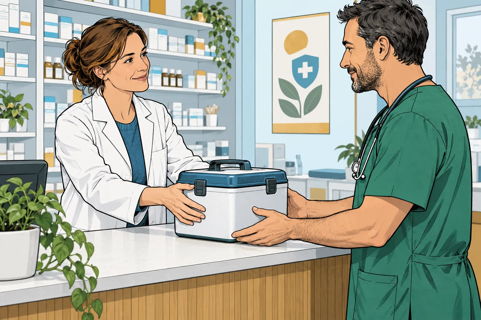 Illustration d’une remise de matériel de transport médical entre deux professionnels en pharmacie.