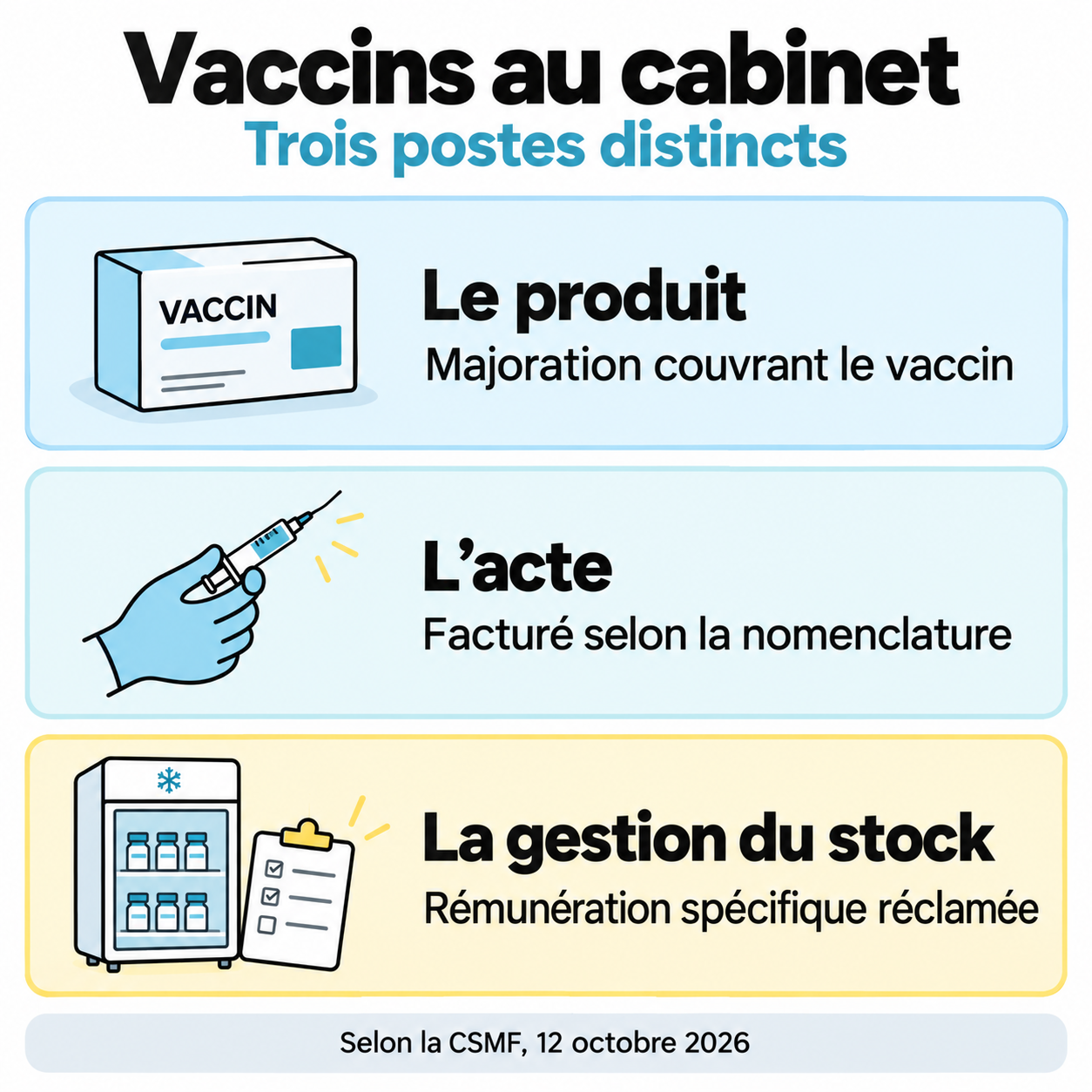 Trois postes distincts selon la CSMF : produit couvert par une majoration, acte facturé selon la nomenclature et rémunération spécifique de gestion du stock réclamée.
