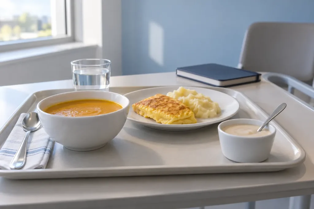 Plateau-repas avec un velouté, une omelette et de la purée, un petit bol de crème et un verre d’eau dans un intérieur lumineux.