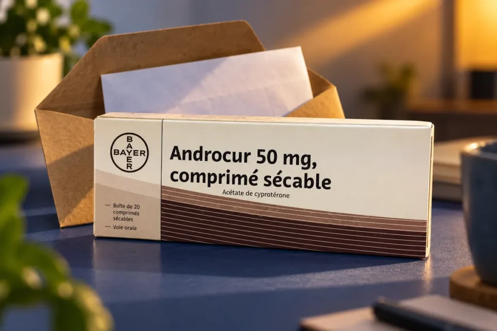 Une boîte d’Androcur 50 mg est posée sur une table près d’une enveloppe ouverte.