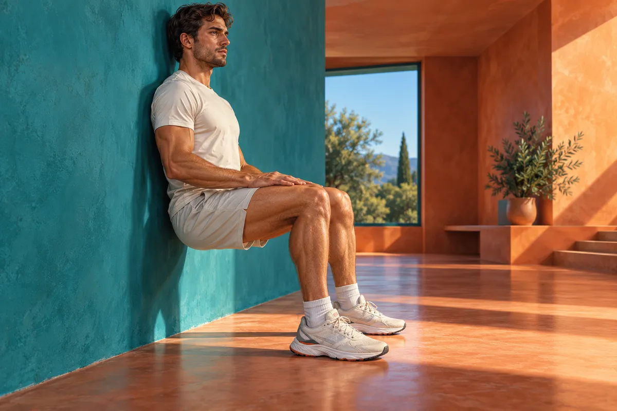 Illustration d’un adulte maintenant une position de chaise contre un mur, sans siège.