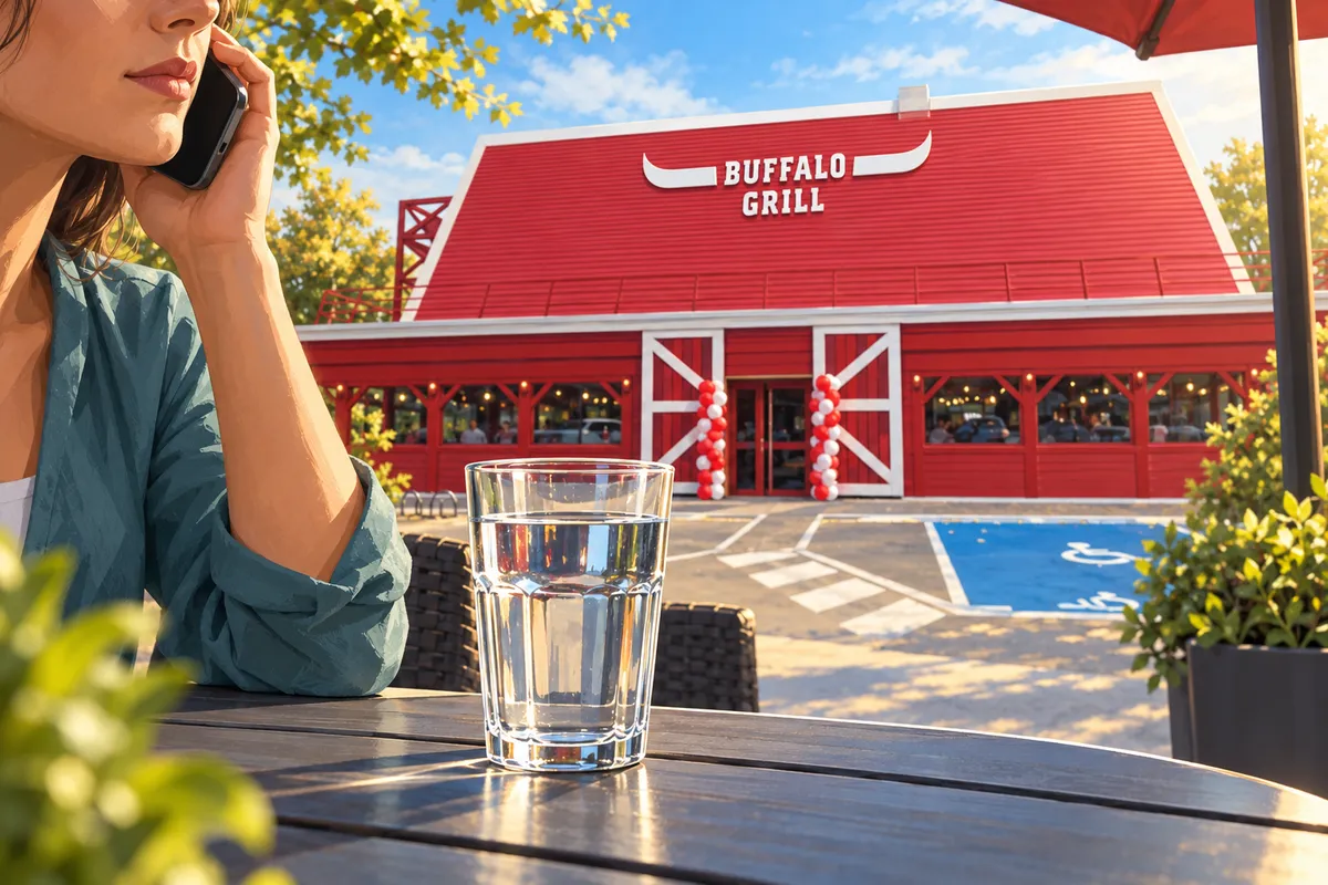 Illustration d’un verre d’eau devant la façade du Buffalo Grill.