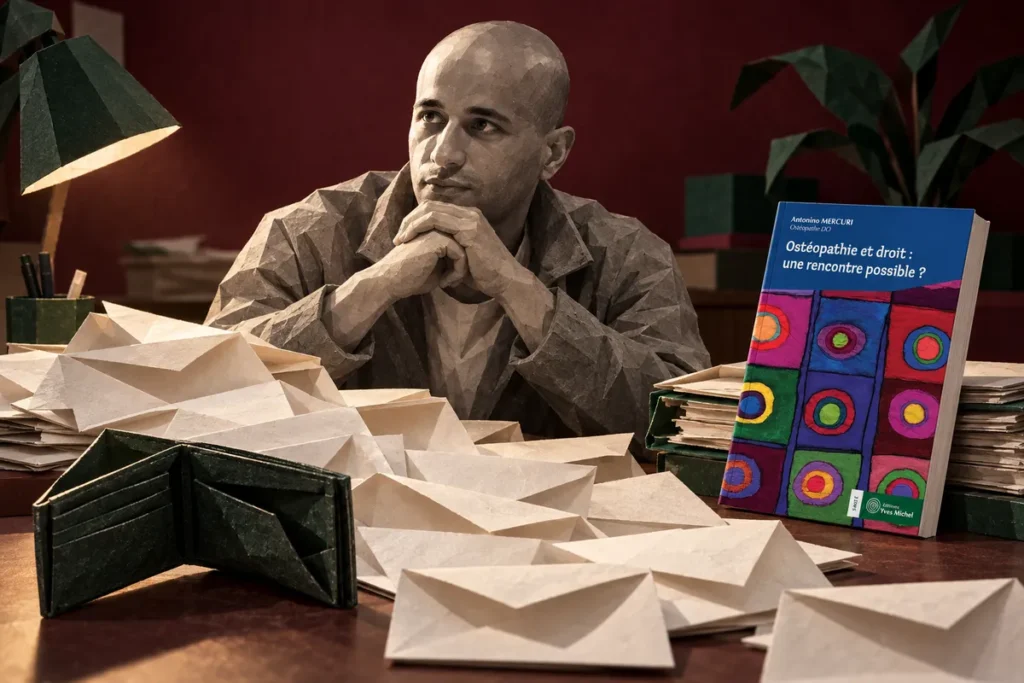 Illustration d’Antonino Mercuri derrière une table portant des enveloppes et un livre.