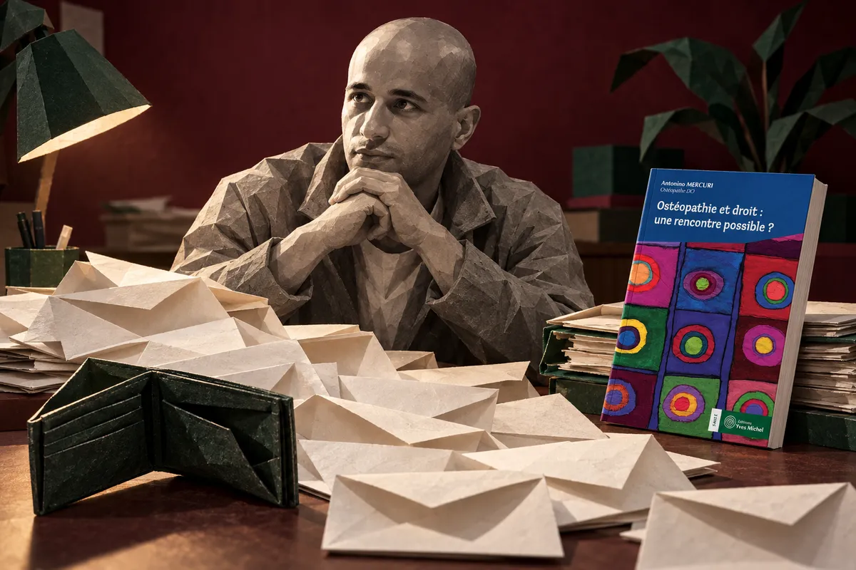 Illustration d’Antonino Mercuri derrière une table portant des enveloppes et un livre.