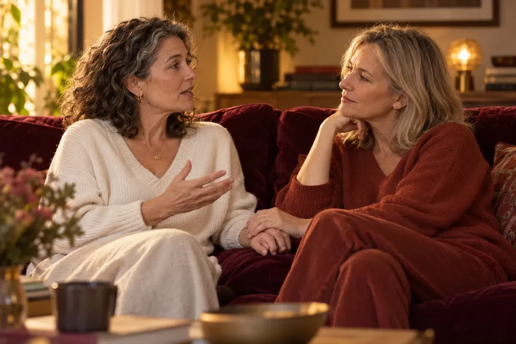 Deux femmes adultes en conversation dans un salon.