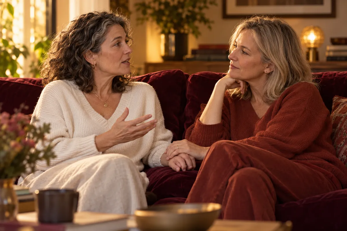 Deux femmes adultes en conversation dans un salon.