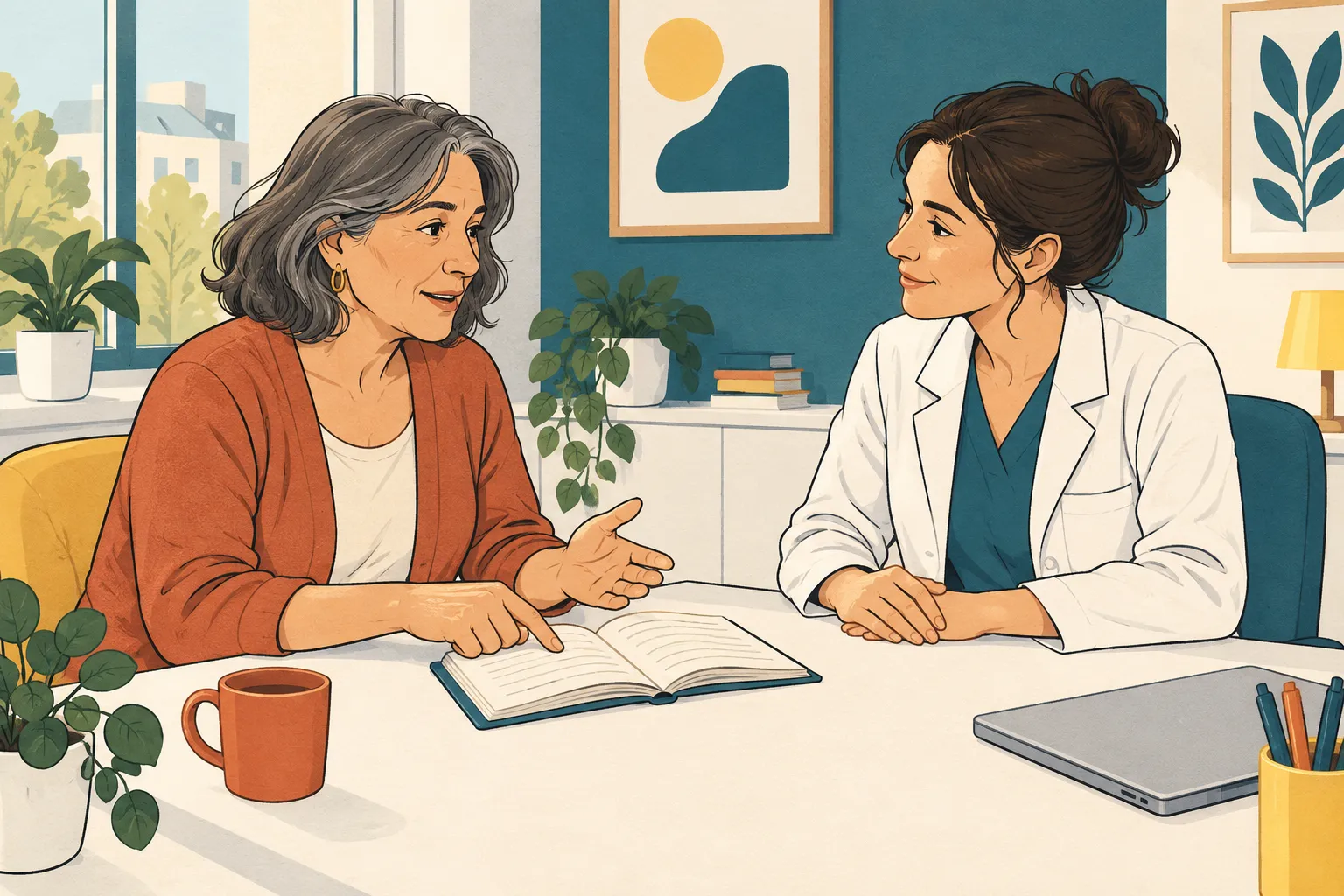 Illustration d’un échange entre une femme et une professionnelle de santé en consultation.