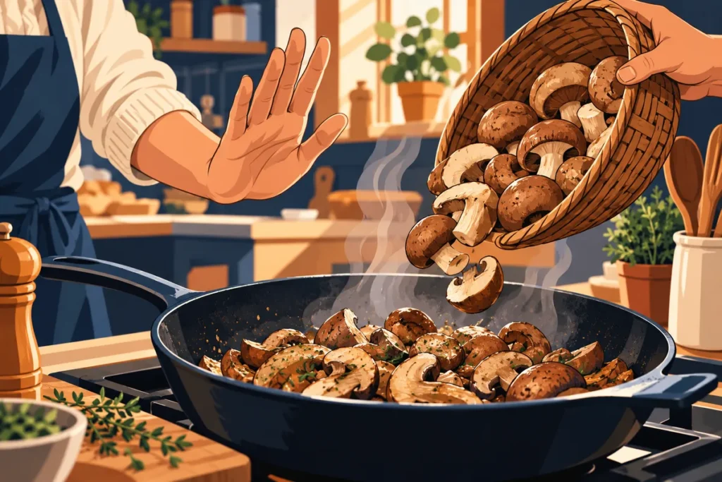 Illustration dessinée : une main suspend son geste au-dessus d’une poêle de champignons.