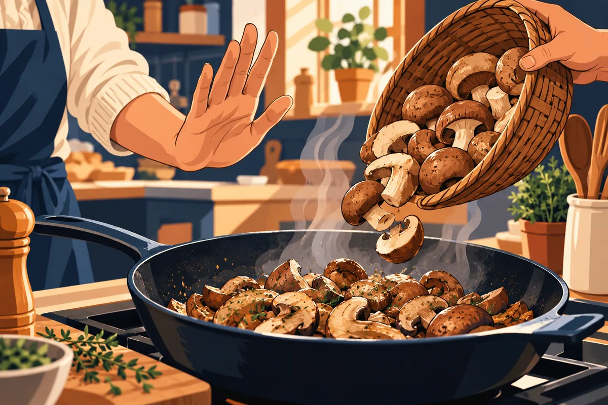 Illustration dessinée : une main suspend son geste au-dessus d’une poêle de champignons.