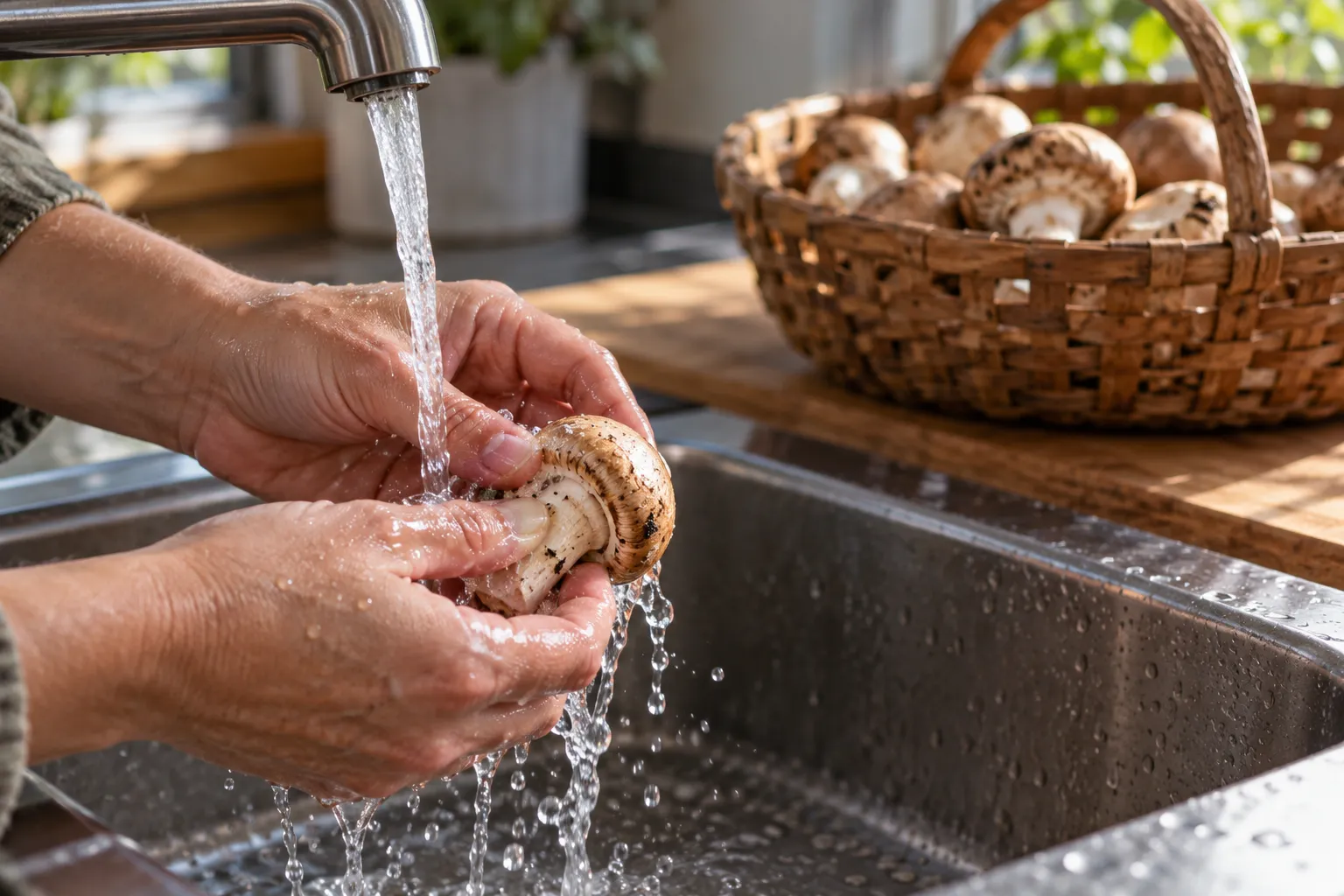 Des mains sont lavées au savon à proximité d’un panier de champignons.