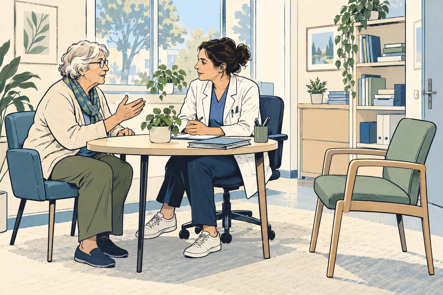 Illustration d’un échange entre une femme âgée et un professionnel de santé dans un espace de consultation accessible.