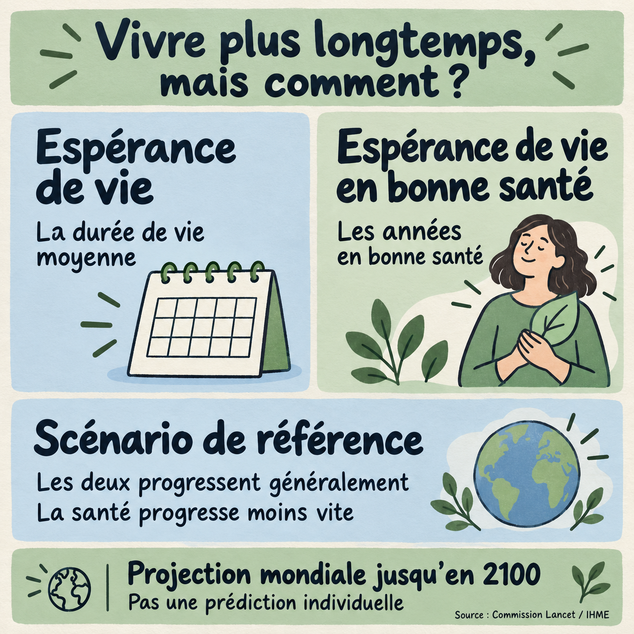 Deux notions distinguées : durée de vie moyenne et années en bonne santé, avec un rappel du scénario mondial jusqu’en 2100.