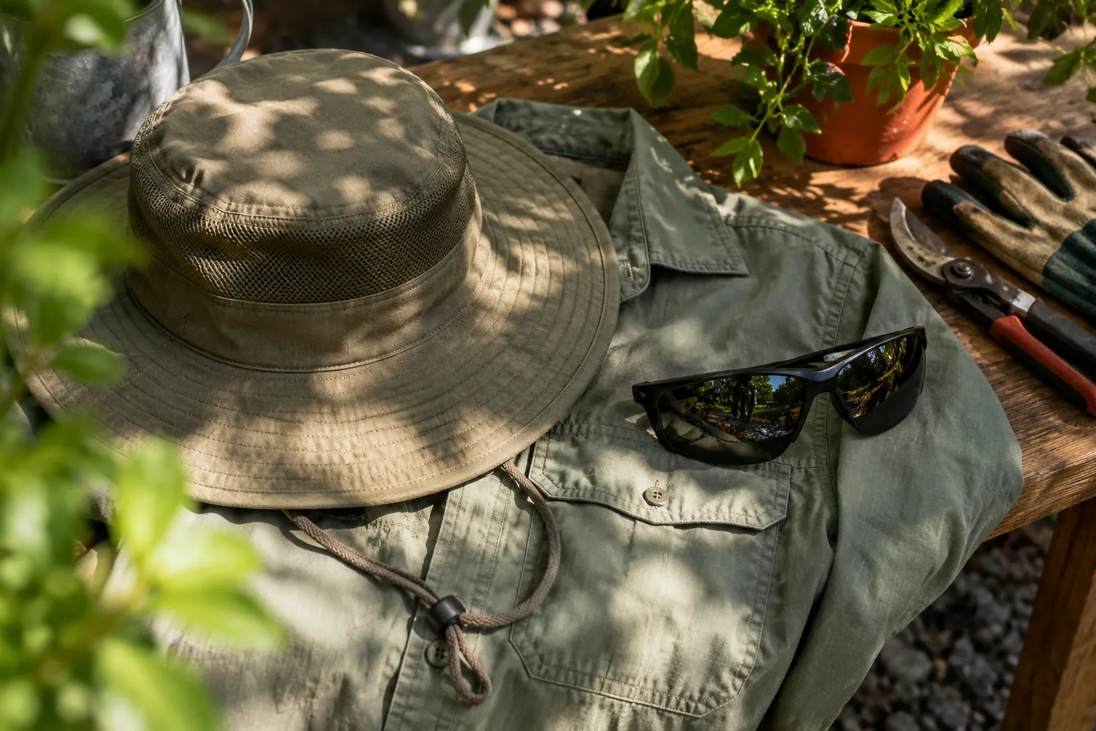 Un chapeau, des vêtements de travail et des lunettes sur un établi.
