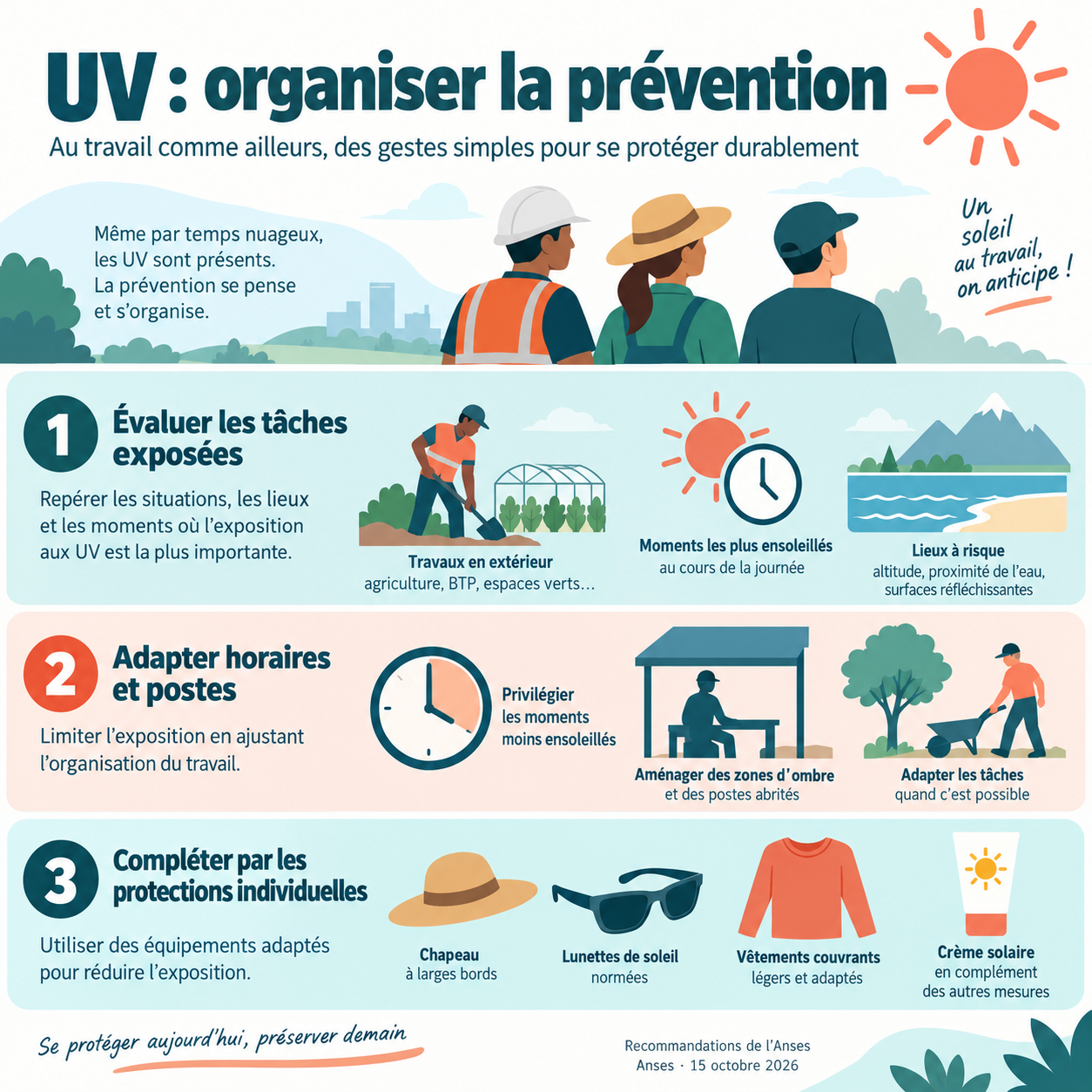 Prévention des UV : évaluer les tâches exposées, adapter horaires et postes, compléter par les protections individuelles.