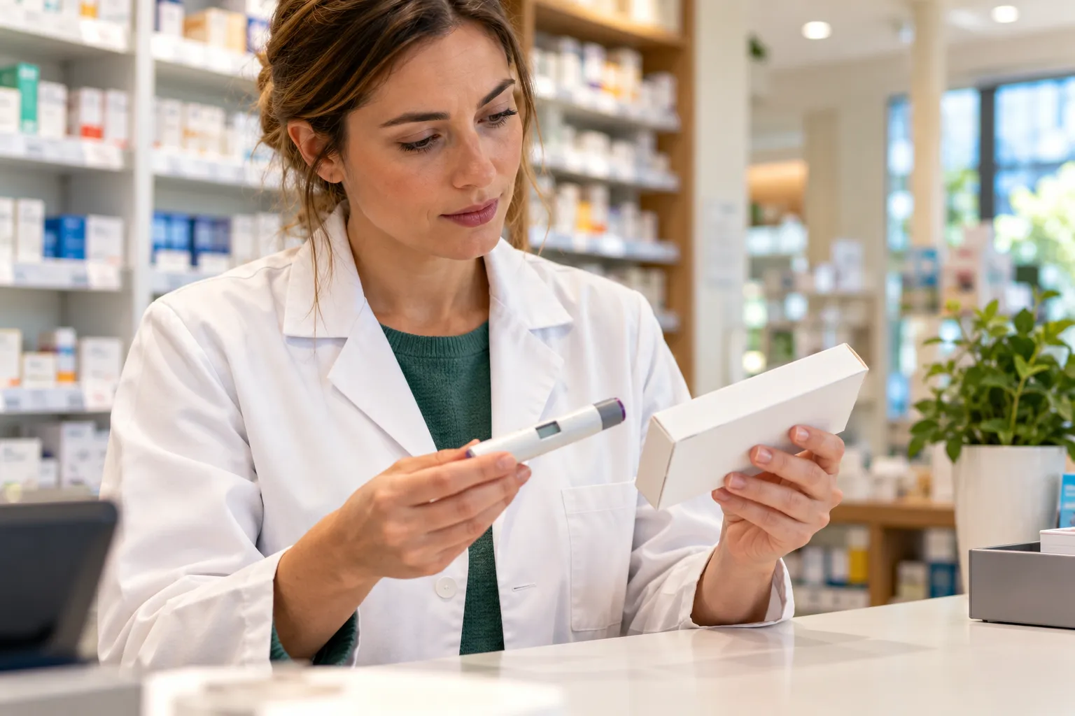 Un pharmacien examine un stylo injectable générique et sa boîte au comptoir.