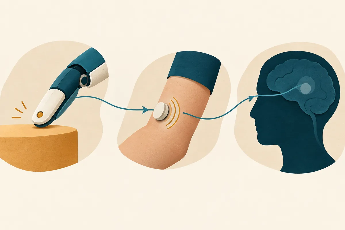 Schéma conceptuel du retour sensitif : capteur de pression sur la prothèse, stimulation de la peau réinnervée et perception du message.
