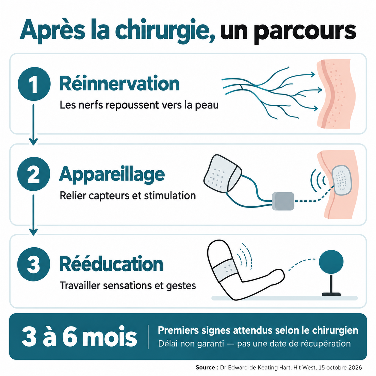 Parcours après chirurgie : réinnervation, appareillage et rééducation ; premiers signes attendus en 3 à 6 mois selon le chirurgien, sans délai garanti.