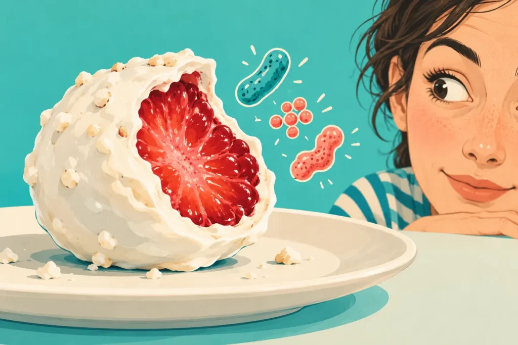 Bouchée fruitée enrobée de yaourt et formes microbiennes conceptuelles, en dessin éditorial.