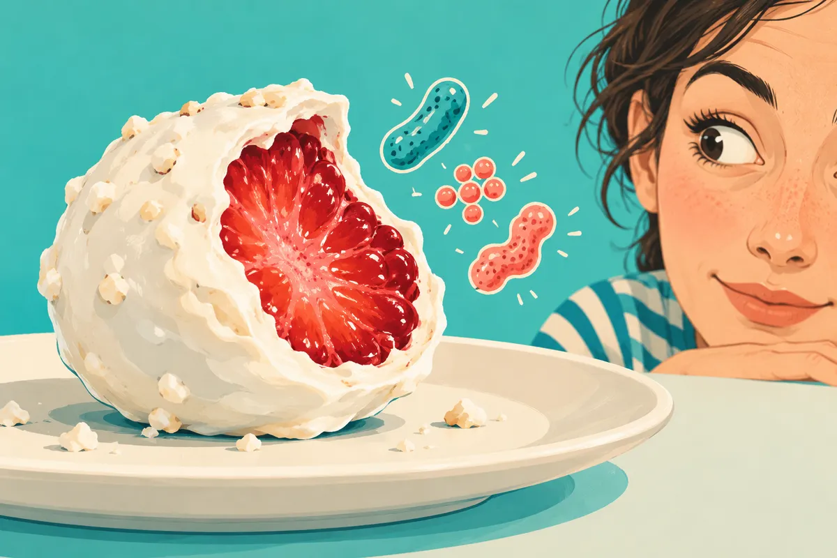 Bouchée fruitée enrobée de yaourt et formes microbiennes conceptuelles, en dessin éditorial.