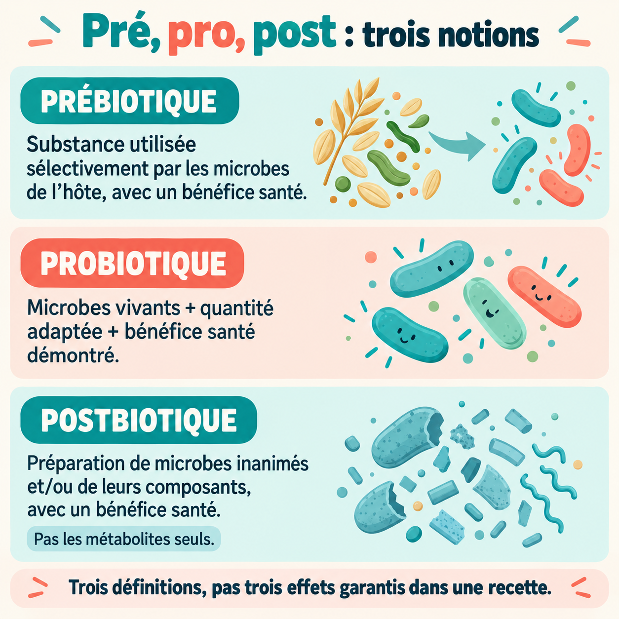 Prébiotique : substance utilisée sélectivement par les microbes avec bénéfice santé ; probiotique : microbes vivants en quantité adaptée avec bénéfice démontré ; postbiotique : préparation de microbes inanimés ou de leurs composants avec bénéfice santé, pas les métabolites seuls.