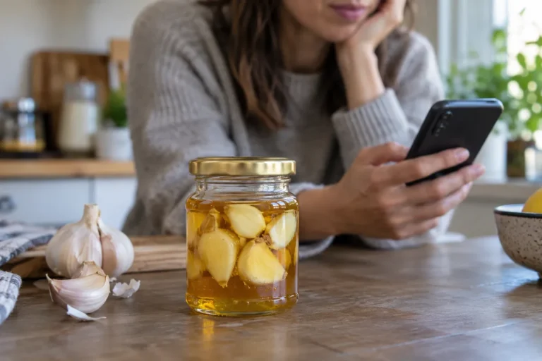 Un bocal d’ail et de miel à côté d’une main tenant un téléphone dans une cuisine.