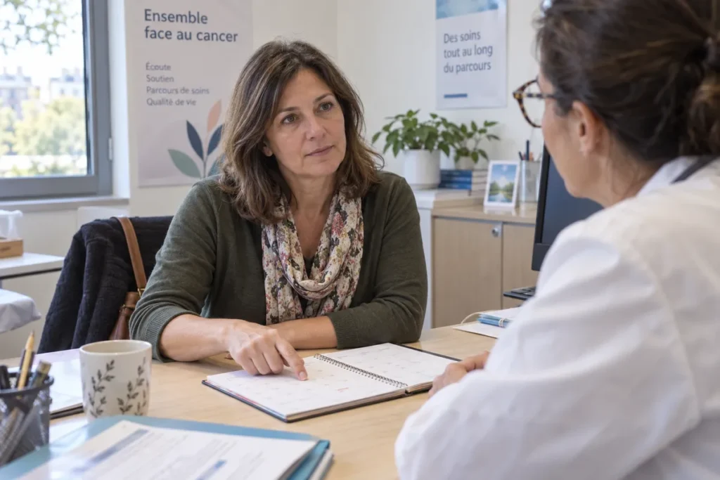 Une femme échange avec une professionnelle de santé autour d’un calendrier ouvert.