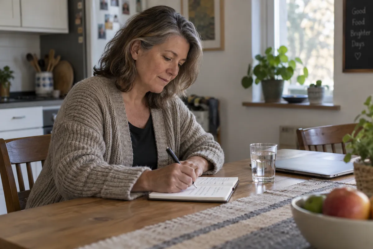 Une femme note des observations dans un carnet à sa table de cuisine.