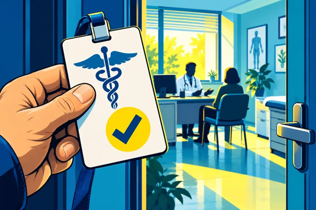Dessin éditorial associant un badge d’autorisation professionnelle à un cabinet médical.