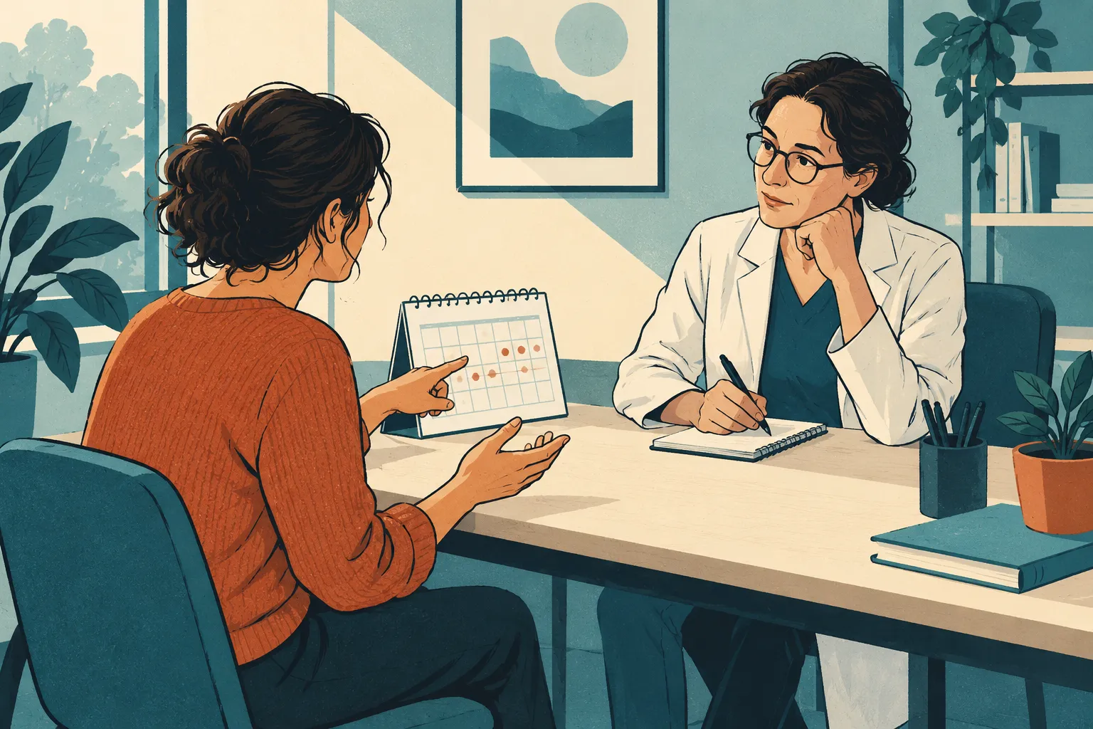 Illustration d’un échange entre un adulte et un professionnel de santé autour d’un calendrier et de notes.