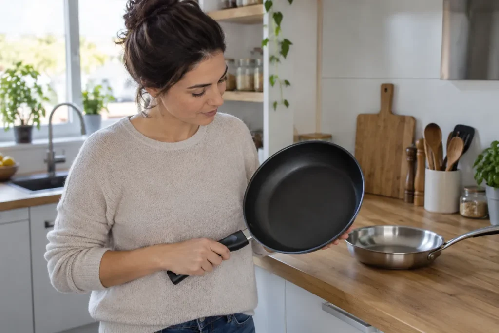 Une personne examine une poêle antiadhésive dans une cuisine.