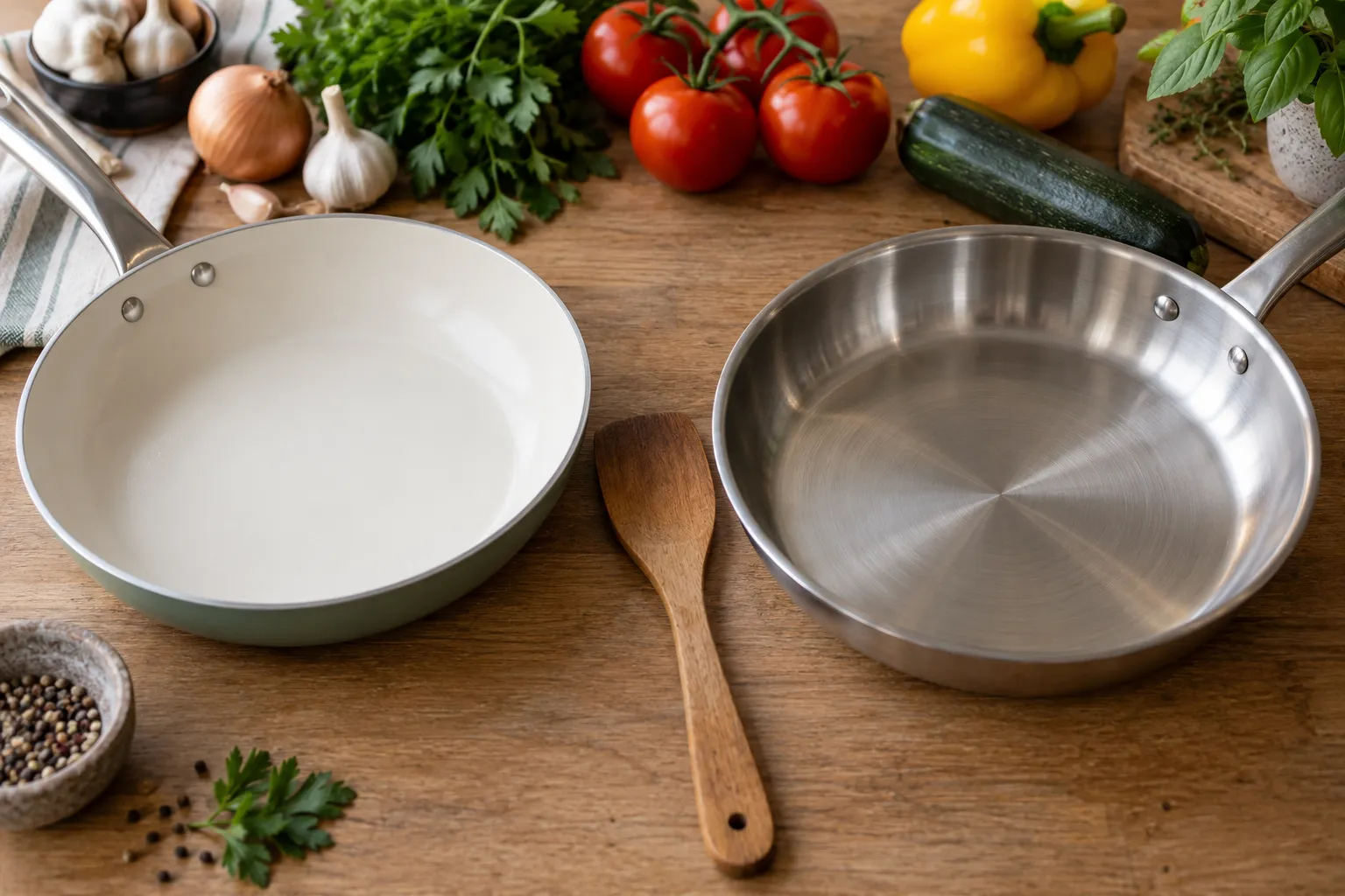 Deux poêles et une spatule en bois posées sur un plan de travail de cuisine.