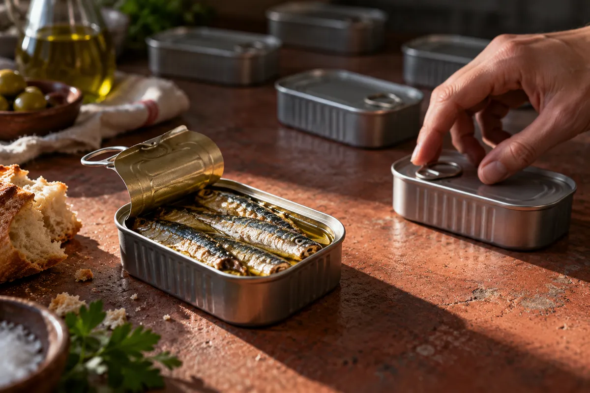 Une main s’apprête à ouvrir une boîte de sardines parmi plusieurs conserves.