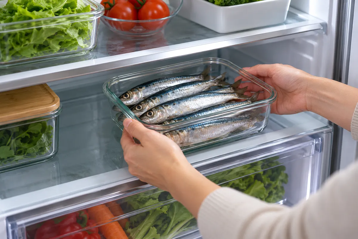 Rangement du poisson frais dans un récipient au réfrigérateur.