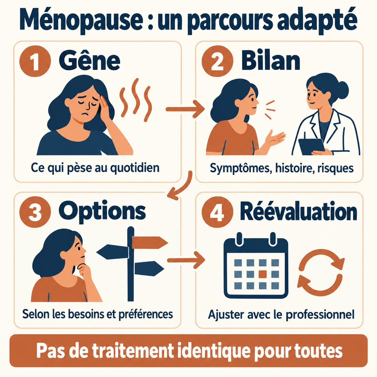Parcours de prise en charge : gêne quotidienne, bilan, choix des options puis réévaluation.