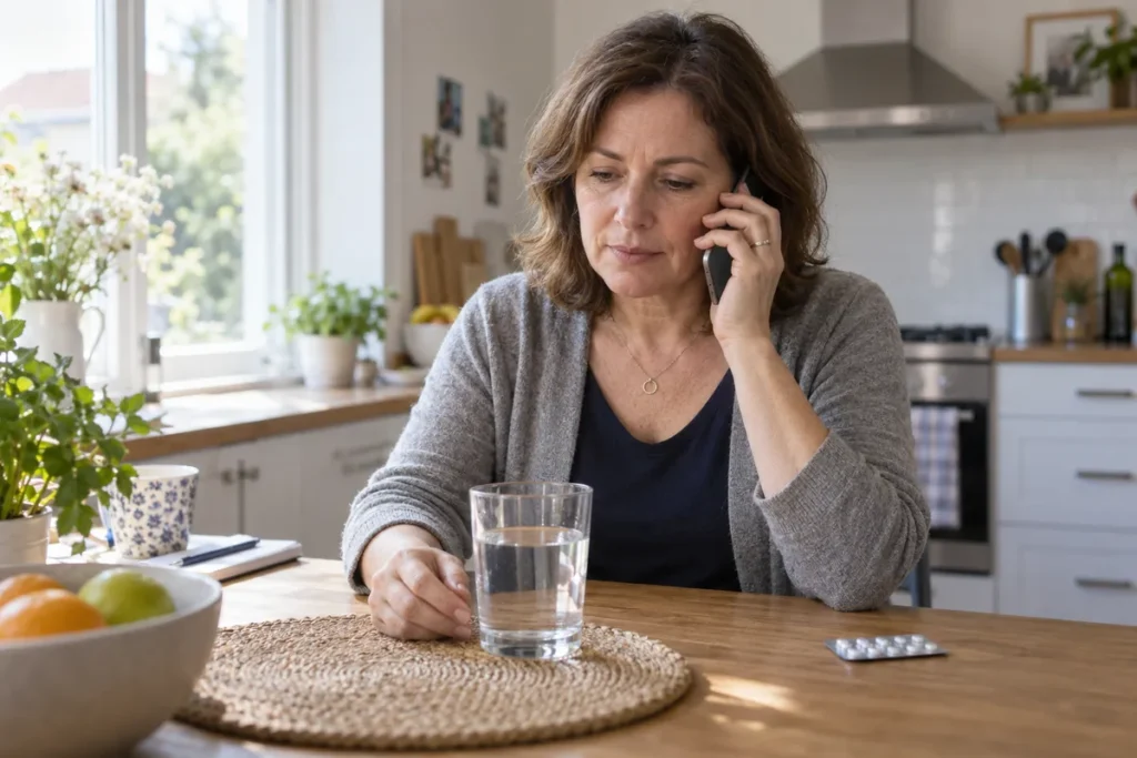 Une femme au téléphone à une table, avec un verre d’eau et une plaquette de comprimés.